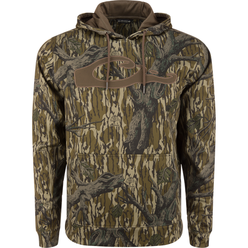 Performance 8-Shot Hoodie with camo pattern, featuring a kangaroo pocket and adjustable drawstring hood, designed for durability and freedom of movement.