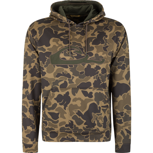 Long-sleeved camouflage Waterfowl Performance 8-Shot hoodie featuring a kangaroo pocket and a large logo graphic on the chest.