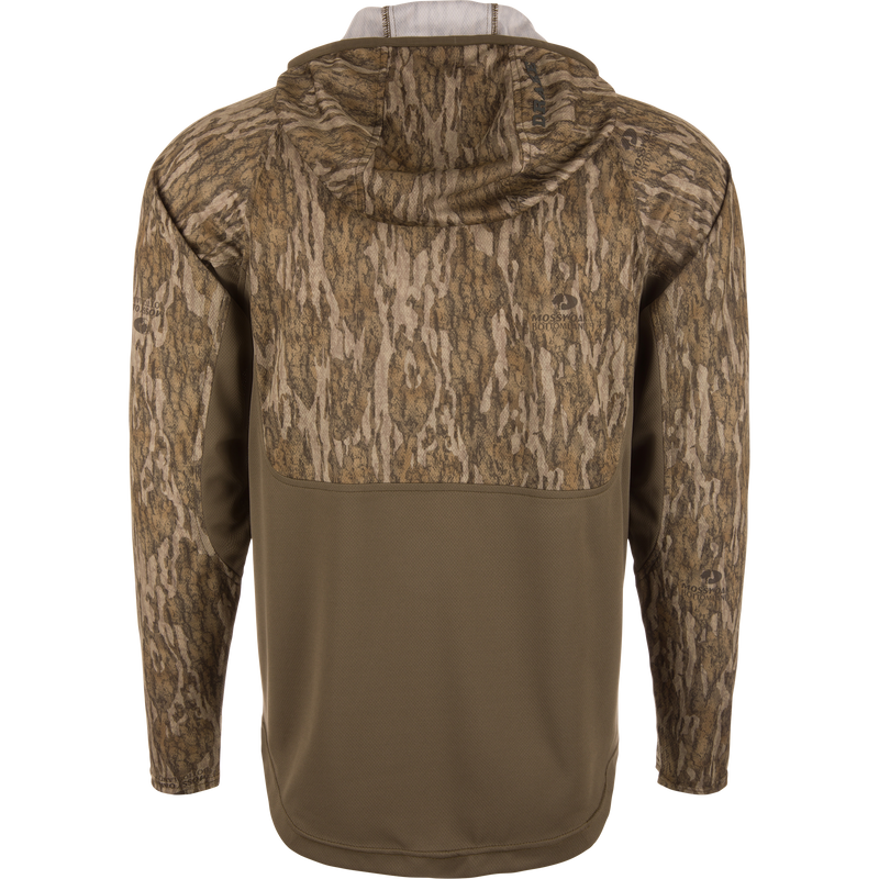 EST Performance Half-Zip Hoodie in Mossy Oak Bottomland camo, featuring ergonomic thumbholes and a water-resistant chest pocket, shown on mannequin from the back.