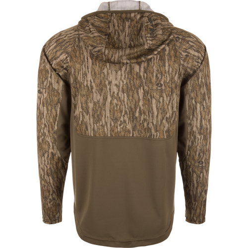 EST Performance Half-Zip Hoodie in Mossy Oak Bottomland camo, featuring ergonomic thumbholes and a water-resistant chest pocket, shown on mannequin from the back.