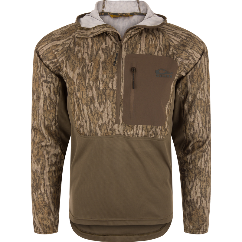 EST Performance Half-Zip Hoodie featuring a camouflage design, solid-color lower panel, chest pocket with Drake logo, and ergonomic thumbholes for enhanced performance and mobility.