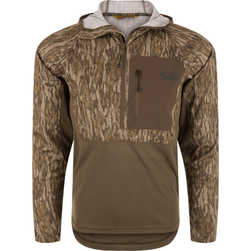 EST Performance Half-Zip Hoodie featuring a camouflage design, solid-color lower panel, chest pocket with Drake logo, and ergonomic thumbholes for enhanced performance and mobility.
