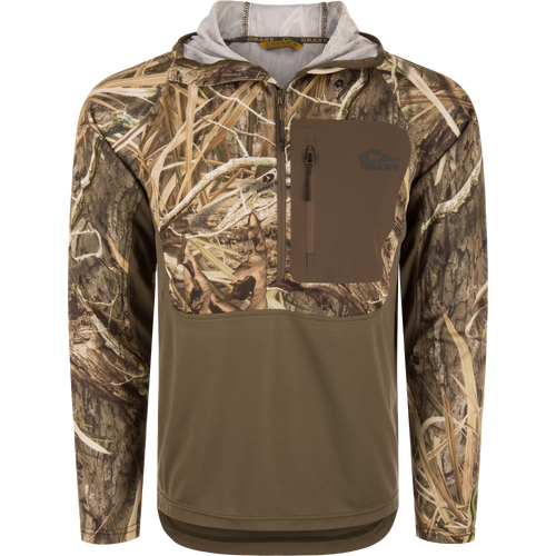 Drake EST Performance Half-Zip Hoodie with camo print, featuring a zippered chest pocket and ergonomic thumbholes, designed for breathable, UV-protected outdoor performance.
