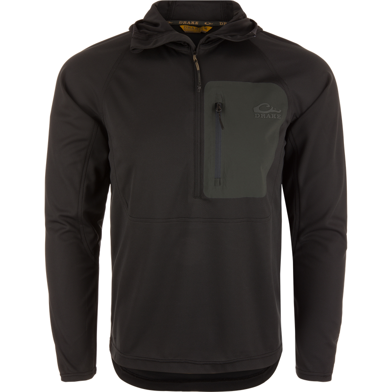 Men’s EST Performance Half-Zip Hoodie with ergonomic thumbholes, waterproof chest pocket, and breathable knit fabric, ideal for outdoor activities and UV protection.