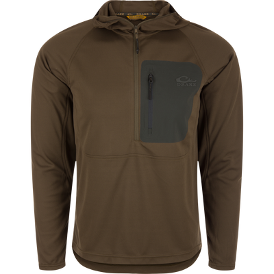 Men's EST Performance Half-Zip Hoodie with ergonomic thumbholes, zippered chest pocket, and integrated hood; designed with lightweight polyester for breathability and UV protection.