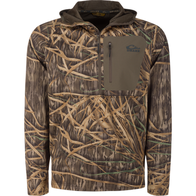 Grid Fleece Half Zip Hoodie with camo pattern, zippered chest pocket, and kangaroo pouch, designed for hunting with moisture-wicking grid fleece for comfort and mobility.