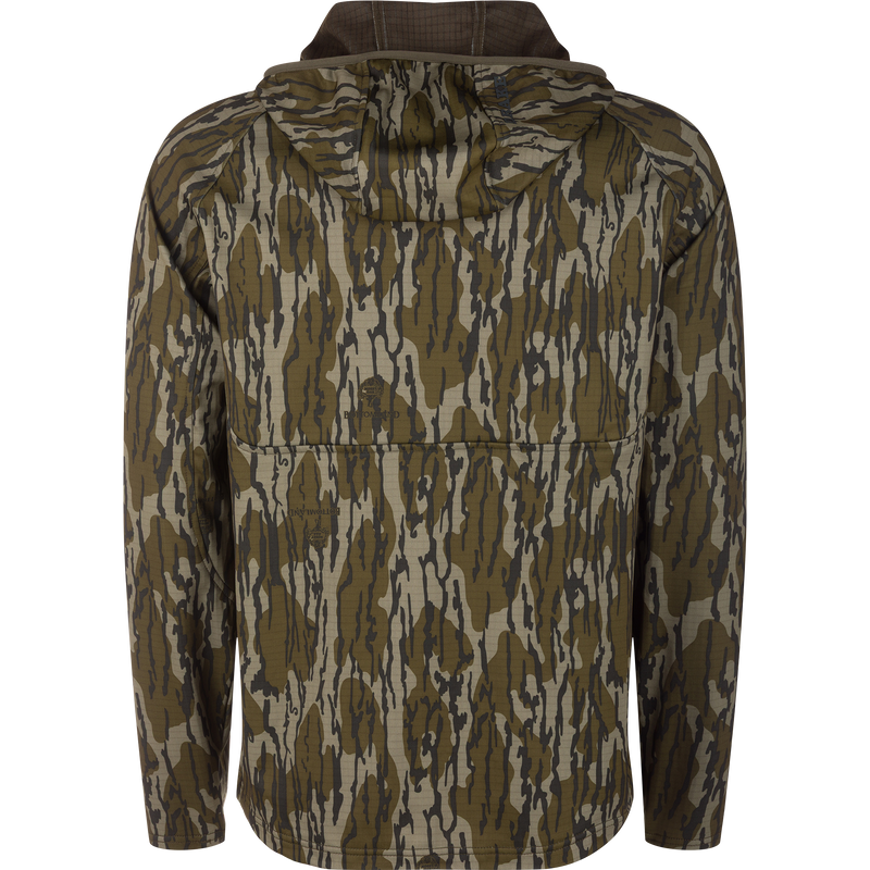 Back view of the Grid Fleece Half Zip Hoodie laid flat, showcasing its hood and sleeves in a camouflage pattern, designed for comfort and moisture management.