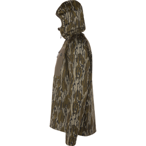 Grid Fleece Half Zip Hoodie featuring camo pattern with hood, chest zip-pocket, and moisture-wicking fleece for comfort, reflecting Drake Waterfowl's high-quality hunting apparel.