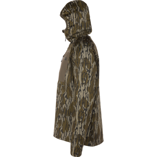 Grid Fleece Half Zip Hoodie featuring camo pattern with hood, chest zip-pocket, and moisture-wicking fleece for comfort, reflecting Drake Waterfowl's high-quality hunting apparel.