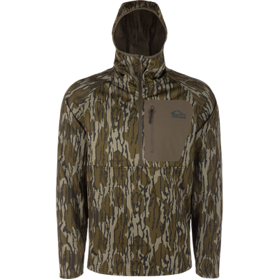 Grid Fleece Half Zip Hoodie featuring tree-bark camo, half-zip front, raglan sleeves, and a Drake-branded chest pocket for secure storage, designed for outdoor comfort.