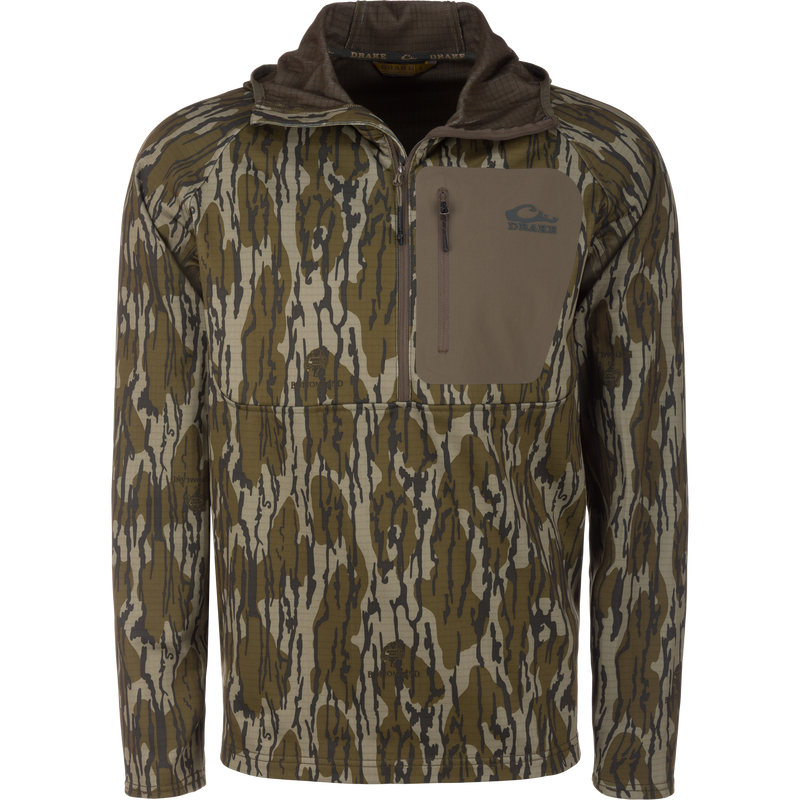 Grid Fleece Half Zip Hoodie with camo pattern, featuring a stand-up collar, zippered chest pocket, and soft grid-fleece lining for comfort and moisture management.