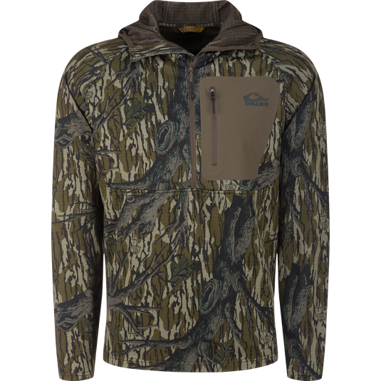 Men's Grid Fleece Half Zip Hoodie with camo pattern, quarter zip, and zippered chest pocket. Made with moisture-wicking, stretch fleece for comfort and durability.