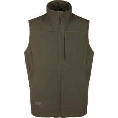 MST CommandXT Softshell Vest laid flat, showcasing its sleeveless design, full zipper, and stand-up collar. Features Drake logo and X Command mark.