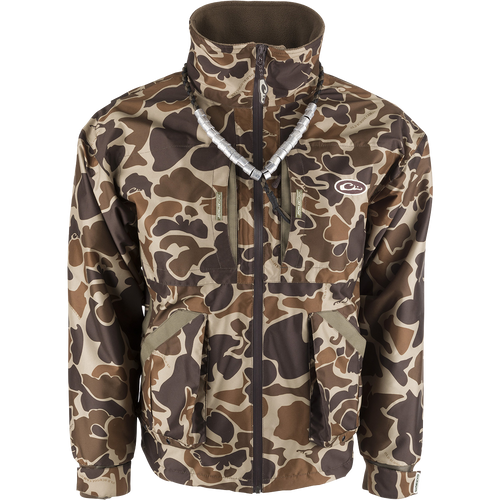 MST Refuge 3.0 Fleece-Lined Full Zip: A camouflage jacket with a fabric surface, featuring a close-up of the jacket and a necklace.
