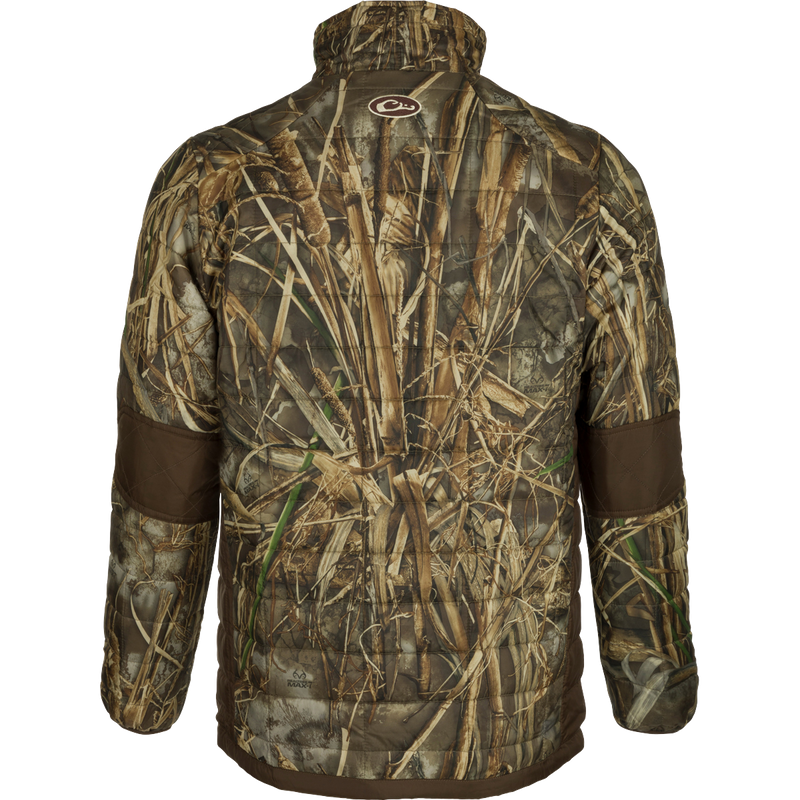 MST Camo Synthetic Down Two-Tone Packable Jacket - Realtree: A lightweight, warm jacket with a camouflage pattern. Water-repellent and packable, perfect for outdoor activities. Synthetic down insulation for uniform loft and durability. Features multiple pockets, drawstring waist, and elastic cuffs. 