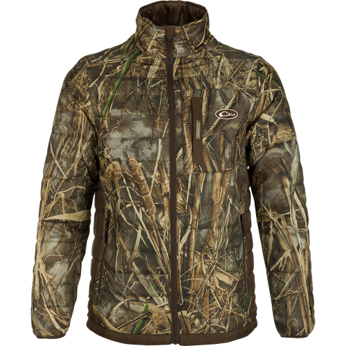 MST Camo Synthetic Down Two-Tone Packable Jacket - Realtree: A lightweight, warm, and versatile camouflage jacket with synthetic down insulation. Water-repellent and packable, perfect for outdoor activities. Features multiple pockets, drawstring waist, and elastic cuffs.