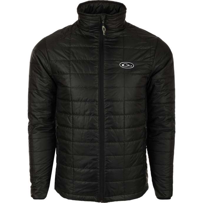 Black Synthetic Down Pac-Jacket with logo, zipper, and elastic cuffs. Water repellent, packable, and perfect for outdoor adventures.