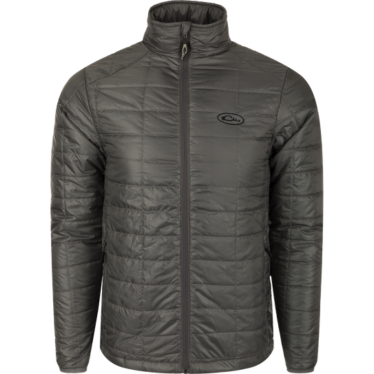 Synthetic Down Pac-Jacket: Grey jacket with rectangular baffle design. Water repellent, zippered pockets, elastic cuffs, and drawcord waist for protection.