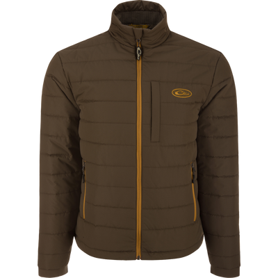 Close-up of the MST Synthetic Down Pack Jacket's zipper and baffle design, highlighting its lightweight, packable features ideal for versatile, outdoor hunting use.
