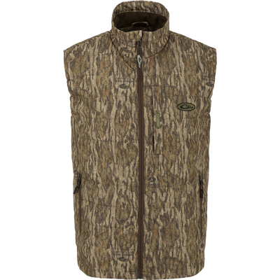 MST Synthetic Down Pack Vest with zipper, horizontal baffle design, adjustable waist, and packable into its own chest pocket. Ideal for versatile outdoor use.