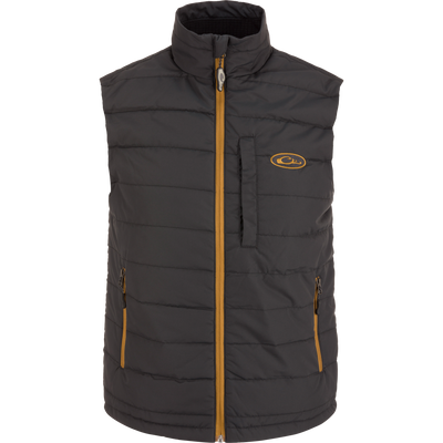 Charcoal gray MST Synthetic Down Pack Vest with a mustard yellow zipper and a small embroidered logo on the left chest.