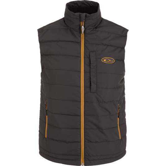 Charcoal gray MST Synthetic Down Pack Vest with a mustard yellow zipper and a small embroidered logo on the left chest.
