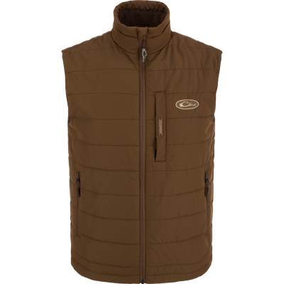 MST Synthetic Down Pack Vest with white logo, featuring horizontal baffle design and zippered chest pocket, ideal for layering and versatile outdoor use.