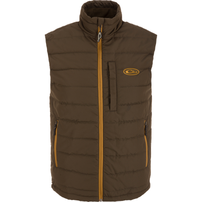 Brown quilted, lightweight Waterfowl MST Synthetic Down Pack vest featuring a full-length tan zipper, two zippered side pockets, and one zippered chest pocket.