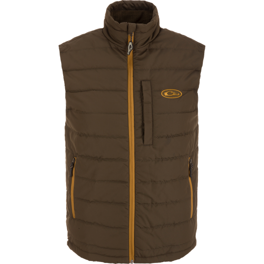 Brown quilted, lightweight Waterfowl MST Synthetic Down Pack vest featuring a full-length tan zipper, two zippered side pockets, and one zippered chest pocket.
