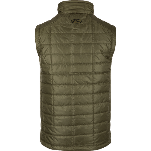 A close-up of the Synthetic Down Pac-Vest, a green puffy jacket with a water-repellent finish. Stay dry and protected with this 100% polyester shell, featuring YKK zippered side slash pockets and a drawcord waist. Perfect for outdoor adventures!