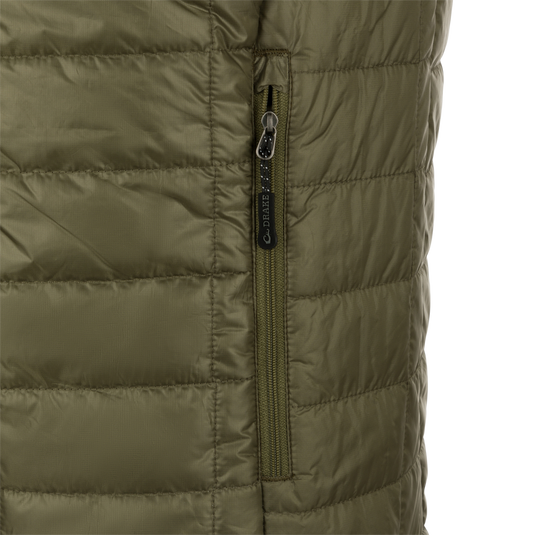 A close-up of the Synthetic Down Pac-Vest jacket's zipper, made of 100% polyester shell with a DWR water-repellent finish.