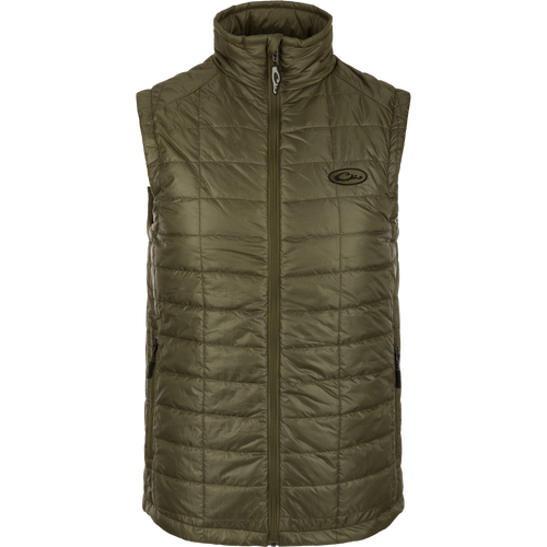 A Synthetic Down Pac-Vest with water-repellent finish, zippered pockets, and drawcord waist for outdoor adventures.