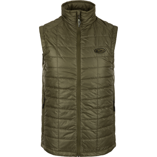 A Synthetic Down Pac-Vest with water-repellent finish, zippered pockets, and drawcord waist for outdoor adventures.