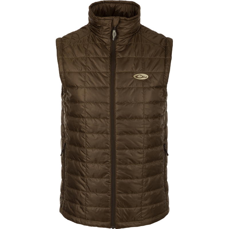 Synthetic Down Pac-Vest: A brown jacket with logo, YKK zippered pockets, drawcord waist, and water-repellent finish. Stay protected outdoors.
