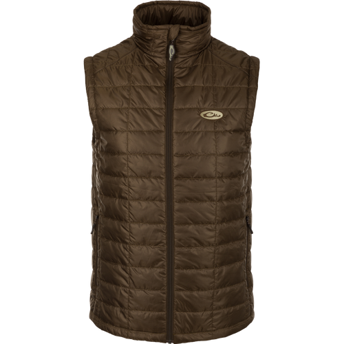 Synthetic Down Pac-Vest: A brown jacket with logo, YKK zippered pockets, drawcord waist, and water-repellent finish. Stay protected outdoors.