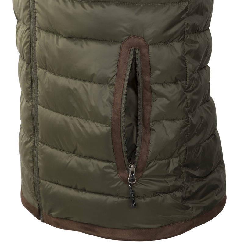 A close up of pocket on the Synthetic Double Down Vest with horizontal baffle design, drawstring waist, 160g synthetic down insulation, polyester shell, reverse coil zipper, and suede accents by Drake Waterfowl.