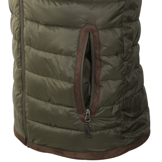 A close up of pocket on the Synthetic Double Down Vest with horizontal baffle design, drawstring waist, 160g synthetic down insulation, polyester shell, reverse coil zipper, and suede accents by Drake Waterfowl.