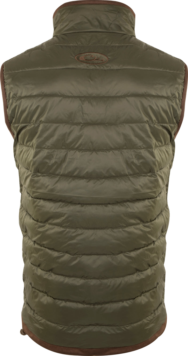 Backside of the Synthetic Double Down Vest by Drake Waterfowl. Horizontal baffle design, drawstring waist, 160g synthetic down insulation, durable polyester shell, suede accents. Built for warmth and style.