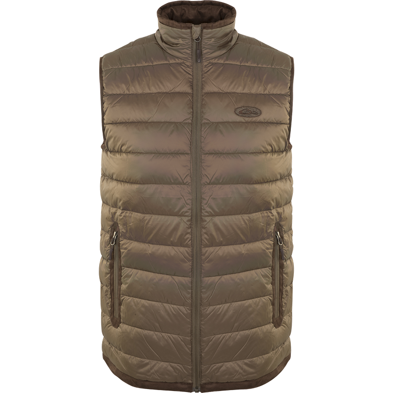 A bronze-colored durable Synthetic Double Down Vest from Drake Waterfowl, featuring a horizontal baffle design, 160g synthetic down insulation, reverse coil zippers, and suede accents. Perfect for cold days outdoors.