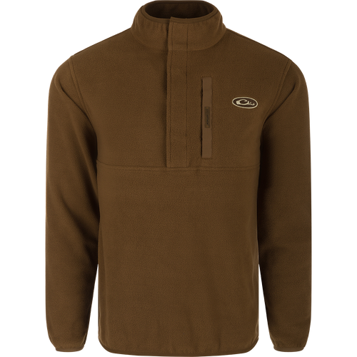 A close-up of the Camp Fleece Pullover 2.0, a brown fleece jacket with a logo. Perfect for layering with other Drake outerwear.