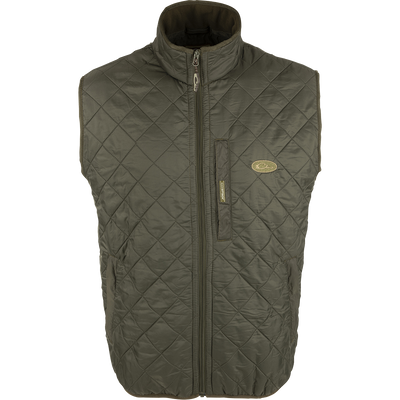 Delta Quilted Fleece Lined Vest with quilted polyester shell, micro-fleece lining, vertical chest pocket, and two fleece-lined slash pockets, ideal for functional layering.