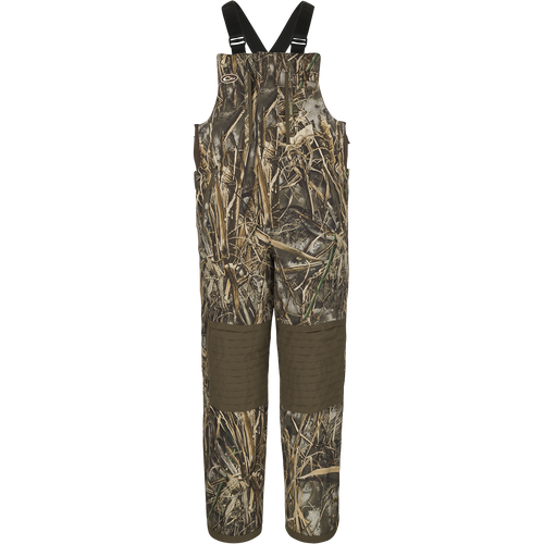 A youth-sized camouflage insulated bib with adjustable suspenders, knee-length zippers, and reinforced knees and seat.