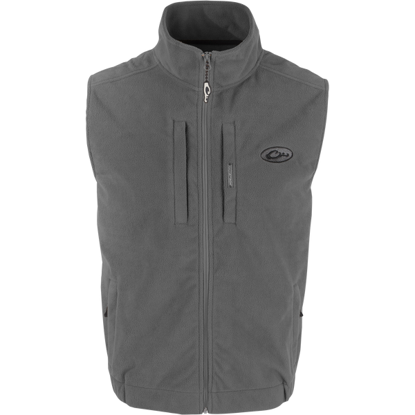MST Solid Windproof Layering Vest with stand-up collar, vertical zippered chest pockets, and lower hand warmer pockets. Ideal for hunting and outdoor activities.
