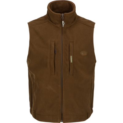 MST Solid Windproof Layering Vest with stand-up collar, vertical zippered and magnetic chest pockets, and zippered hand warmer pockets, ideal for outdoor activities.