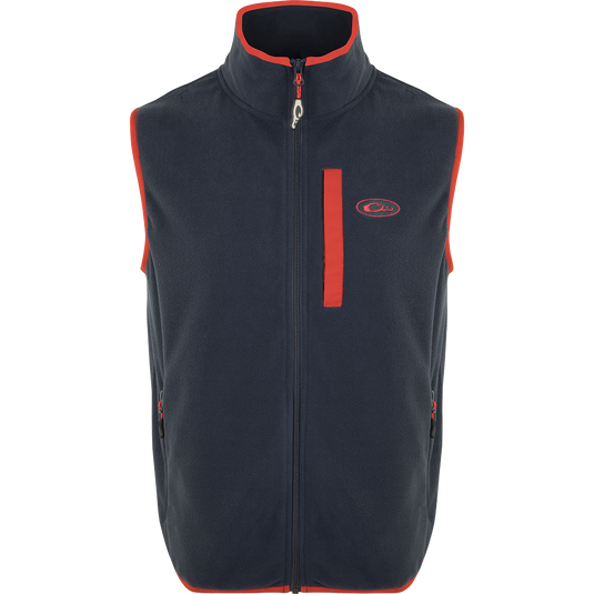 Navy and Red Camp Fleece Vest by Drake Waterfowl: Lightweight poly-fleece vest with moisture-wicking properties. Features anti-pill treatment, Magnattach™ pocket, and zippered hand warmer pockets. Ideal for layering in Spring or Fall.