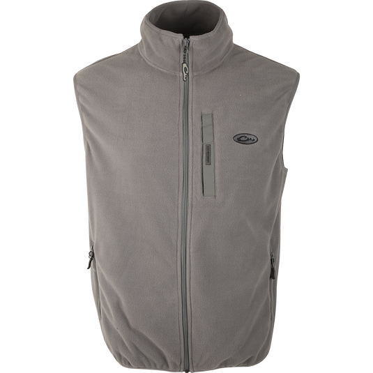 A versatile Camp Fleece Vest in Titanium by Drake Waterfowl, ideal for layering under outerwear. Features include anti-pill treatment, moisture-wicking fabric, and practical pockets.
