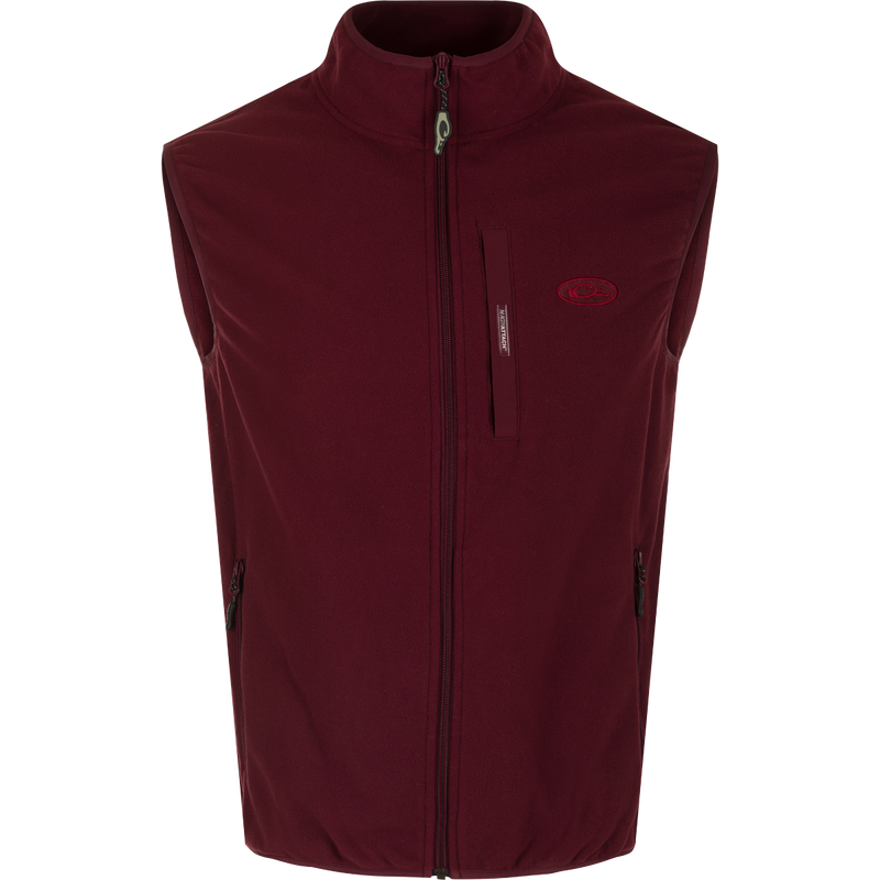 Maroon and Charcoal Camp Fleece Vest by Drake Waterfowl: Lightweight poly-fleece vest with moisture-wicking properties. Features Magnattach™ pocket and zippered hand warmer pockets. Ideal for layering in Spring or Fall.