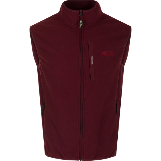 Maroon and Charcoal Camp Fleece Vest by Drake Waterfowl: Lightweight poly-fleece vest with moisture-wicking properties. Features Magnattach™ pocket and zippered hand warmer pockets. Ideal for layering in Spring or Fall.