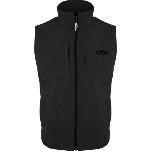 A Heather Windproof Layering Vest featuring a zipper and multiple pockets. Ideal for staying warm and stylish during outdoor activities.