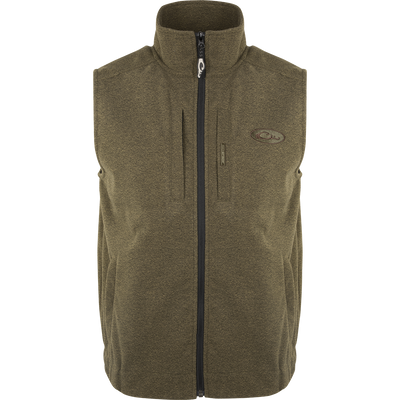 Heather Windproof Layering Vest featuring a close-up of its zipper and functional pockets, designed for warmth and style in outdoor and casual settings.